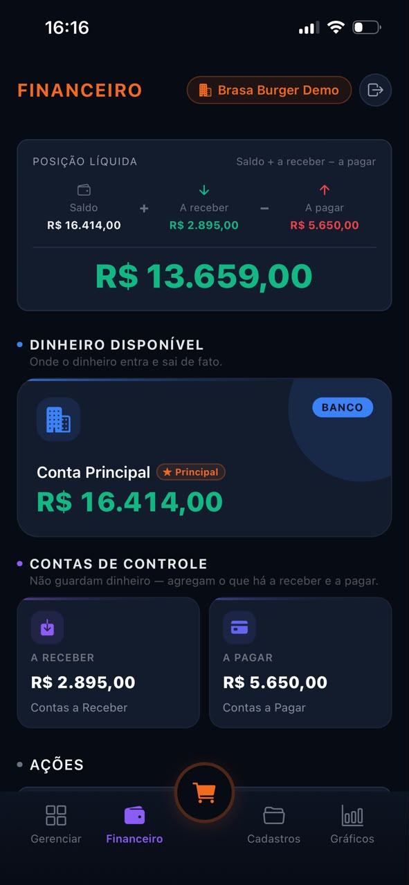 Financeiro do Simges no celular: posição líquida, conta principal, contas a receber e a pagar